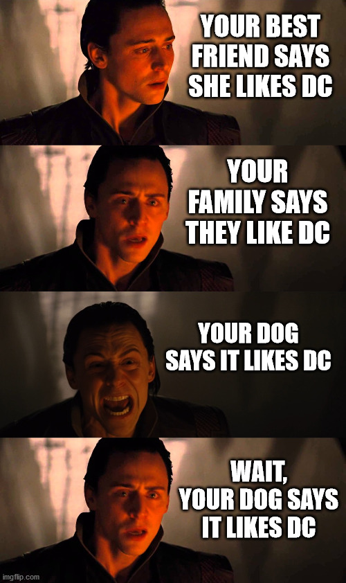 Yeet the freaky dog | YOUR BEST FRIEND SAYS SHE LIKES DC; YOUR FAMILY SAYS THEY LIKE DC; YOUR DOG SAYS IT LIKES DC; WAIT, YOUR DOG SAYS IT LIKES DC | image tagged in marvel,dc,loki | made w/ Imgflip meme maker