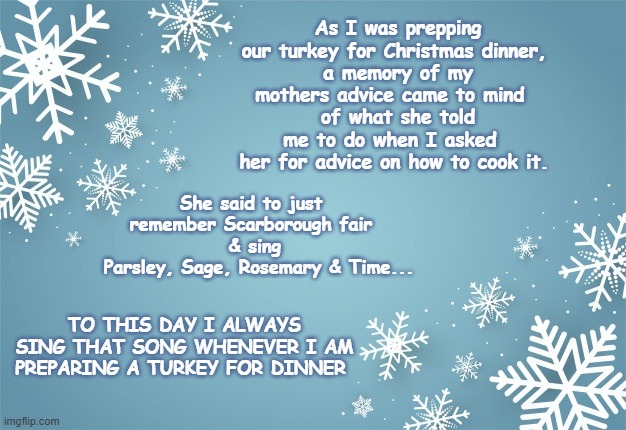 Moms advice on how to cook a turkey | As I was prepping our turkey for Christmas dinner,
 a memory of my mothers advice came to mind 
 of what she told me to do when I asked 
her for advice on how to cook it. She said to just remember Scarborough fair
 & sing
   Parsley, Sage, Rosemary & Time... TO THIS DAY I ALWAYS SING THAT SONG WHENEVER I AM PREPARING A TURKEY FOR DINNER | image tagged in turkey | made w/ Imgflip meme maker