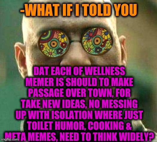 -Born in reality show. |  -WHAT IF I TOLD YOU; DAT EACH OF WELLNESS MEMER IS SHOULD TO MAKE PASSAGE OVER TOWN, FOR TAKE NEW IDEAS, NO MESSING UP WITH ISOLATION WHERE JUST TOILET HUMOR, COOKING & META MEMES, NEED TO THINK WIDELY? | image tagged in acid kicks in morpheus,landon_the_memer,meme ideas,time travel,self isolation,no good can come of this | made w/ Imgflip meme maker