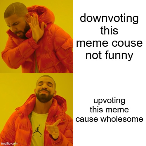 Drake Hotline Bling Meme | downvoting this meme couse not funny upvoting this meme cause wholesome | image tagged in memes,drake hotline bling | made w/ Imgflip meme maker