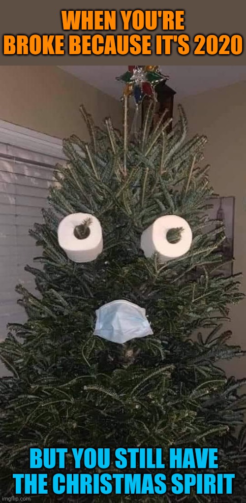 Covid Christmas Tree is watching you | WHEN YOU'RE BROKE BECAUSE IT'S 2020; BUT YOU STILL HAVE THE CHRISTMAS SPIRIT | image tagged in merry christmas,2020,covid19,christmas tree | made w/ Imgflip meme maker