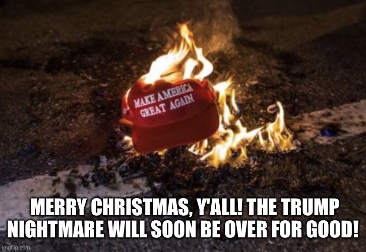 Merry Christmas! | MERRY CHRISTMAS, Y'ALL! THE TRUMP NIGHTMARE WILL SOON BE OVER FOR GOOD! | image tagged in merry christmas,donald trump,donald trump you're fired,maga,sarcasm,burn baby burn | made w/ Imgflip meme maker
