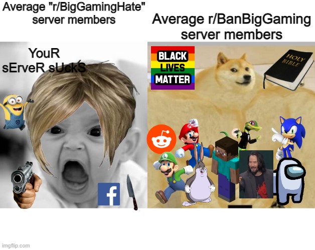 OuR seRveR iS beTTeR tHaN youRS | Average "r/BigGamingHate" server members; Average r/BanBigGaming server members; YouR sErveR sUckS | image tagged in memes,angry baby,buff doge | made w/ Imgflip meme maker