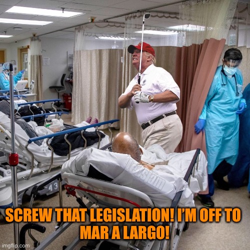 trump golfing during covid | SCREW THAT LEGISLATION! I’M OFF TO 
MAR A LARGO! | image tagged in trump golfing during covid | made w/ Imgflip meme maker