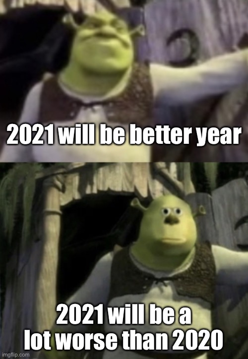 Shocked Shrek Face Swap |  2021 will be better year; 2021 will be a lot worse than 2020 | image tagged in shocked shrek face swap,memes,funny,2021,2020 | made w/ Imgflip meme maker
