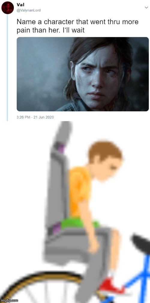 Not that anyone cares. | image tagged in name one character who went through more pain than her,happy wheels | made w/ Imgflip meme maker