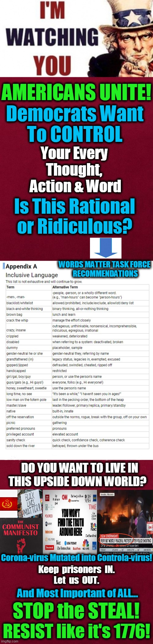 America,  "There is No Other Place to Go.”  Maximo Alvarez | Democrats Want 
To CONTROL; AMERICANS UNITE! Your Every 
Thought, 
Action & Word; Is This Rational or Ridiculous? WORDS MATTER TASK FORCE 
RECOMMENDATIONS; DO YOU WANT TO LIVE IN THIS UPSIDE DOWN WORLD? Corona-virus Mutated into Controla-virus! Keep  prisoners  IN.
Let  us  OUT. And Most Important of ALL... STOP the STEAL! RESIST like it's 1776! | image tagged in politics,democratic socialism,liberals vs conservatives,donald trump,america,stop the steal | made w/ Imgflip meme maker