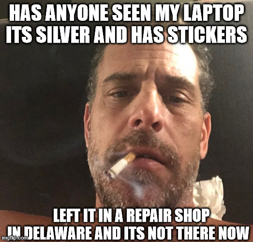 Hunter Biden | HAS ANYONE SEEN MY LAPTOP ITS SILVER AND HAS STICKERS; LEFT IT IN A REPAIR SHOP IN DELAWARE AND ITS NOT THERE NOW | image tagged in hunter biden | made w/ Imgflip meme maker