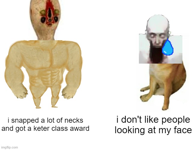 scp | i snapped a lot of necks and got a keter class award; i don't like people looking at my face | image tagged in memes,buff doge vs cheems | made w/ Imgflip meme maker