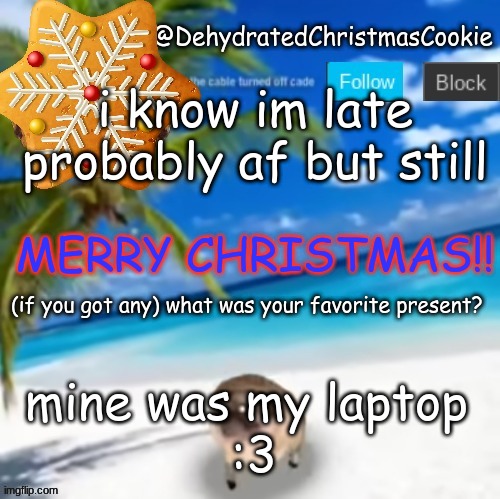 im soooooooooooooooooooooooooooooooo late | i know im late probably af but still; MERRY CHRISTMAS!! (if you got any) what was your favorite present? mine was my laptop 
:3 | image tagged in merry christmas,stop reading the tags | made w/ Imgflip meme maker