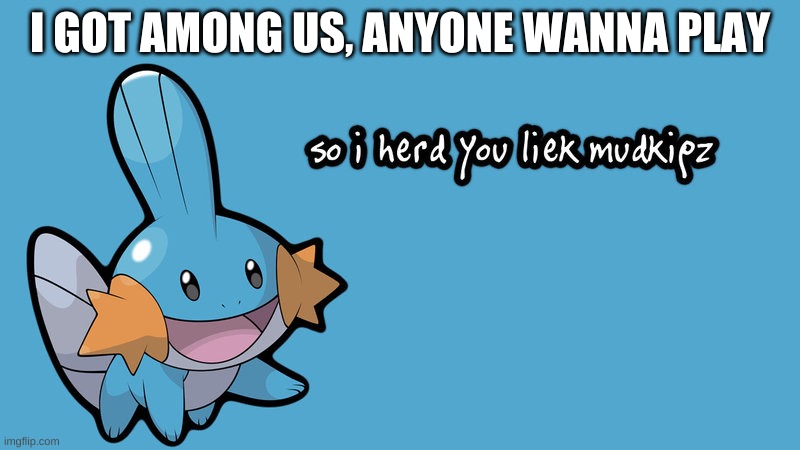 I herd you liek mudkipz | I GOT AMONG US, ANYONE WANNA PLAY | image tagged in i herd you liek mudkipz | made w/ Imgflip meme maker
