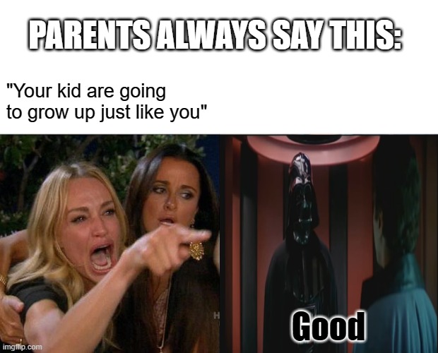 true | PARENTS ALWAYS SAY THIS:; "Your kid are going to grow up just like you"; Good | image tagged in memes,woman yelling at cat | made w/ Imgflip meme maker