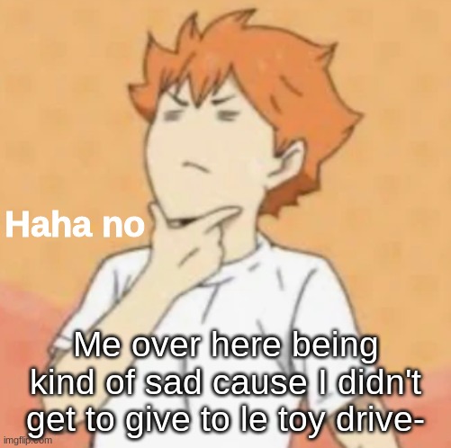 ;-; | Me over here being kind of sad cause I didn't get to give to le toy drive- | image tagged in haha no | made w/ Imgflip meme maker