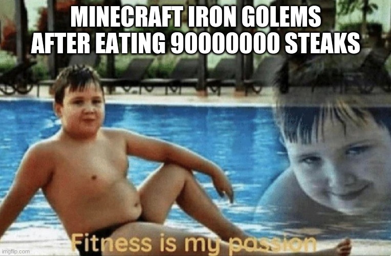 Fitness is my passion | MINECRAFT IRON GOLEMS AFTER EATING 90000000 STEAKS | image tagged in fitness is my passion | made w/ Imgflip meme maker