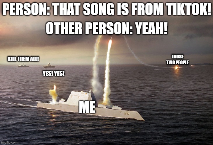 KILL THEM ALL! | PERSON: THAT SONG IS FROM TIKTOK! OTHER PERSON: YEAH! KILL THEM ALL! THOSE TWO PEOPLE; YES! YES! ME | image tagged in uss zumwalt | made w/ Imgflip meme maker