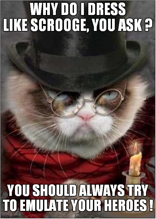 Grumpys Admiration Of Scrooge | WHY DO I DRESS LIKE SCROOGE, YOU ASK ? YOU SHOULD ALWAYS TRY TO EMULATE YOUR HEROES ! | image tagged in grumpy cat christmas,scrooge,cats | made w/ Imgflip meme maker