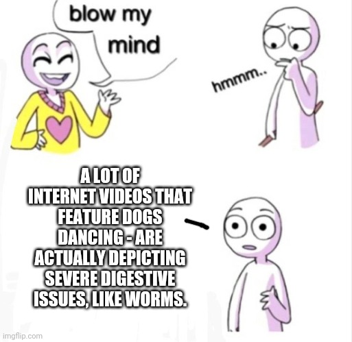 Fast easy & free info | A LOT OF INTERNET VIDEOS THAT FEATURE DOGS DANCING - ARE ACTUALLY DEPICTING SEVERE DIGESTIVE ISSUES, LIKE WORMS. | image tagged in blow my mind | made w/ Imgflip meme maker