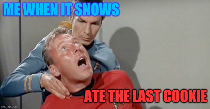 Death Grip Christmas |  ME WHEN IT SNOWS; ATE THE LAST COOKIE | image tagged in neck pain spock,spock,mr spock,pinch,neck | made w/ Imgflip meme maker