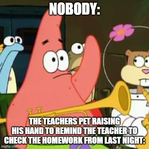 No Patrick |  NOBODY:; THE TEACHERS PET RAISING HIS HAND TO REMIND THE TEACHER TO CHECK THE HOMEWORK FROM LAST NIGHT: | image tagged in memes,no patrick | made w/ Imgflip meme maker