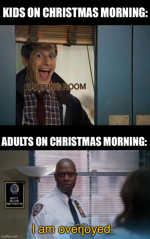Merry Christmas Happy Holidays! | KIDS ON CHRISTMAS MORNING:; ADULTS ON CHRISTMAS MORNING:; I am overjoyed. | image tagged in brooklyn 99,brooklyn nine nine holt is overjoyed,brooklyn nine nine,b99,christmas | made w/ Imgflip meme maker