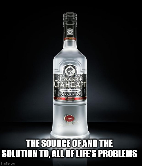 vodka | THE SOURCE OF AND THE SOLUTION TO, ALL OF LIFE'S PROBLEMS | image tagged in vodka | made w/ Imgflip meme maker