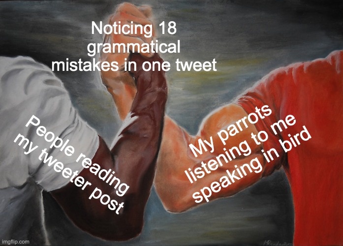 Epic Handshake | Noticing 18 grammatical mistakes in one tweet; My parrots listening to me speaking in bird; People reading 
my tweeter post | image tagged in memes,epic handshake | made w/ Imgflip meme maker