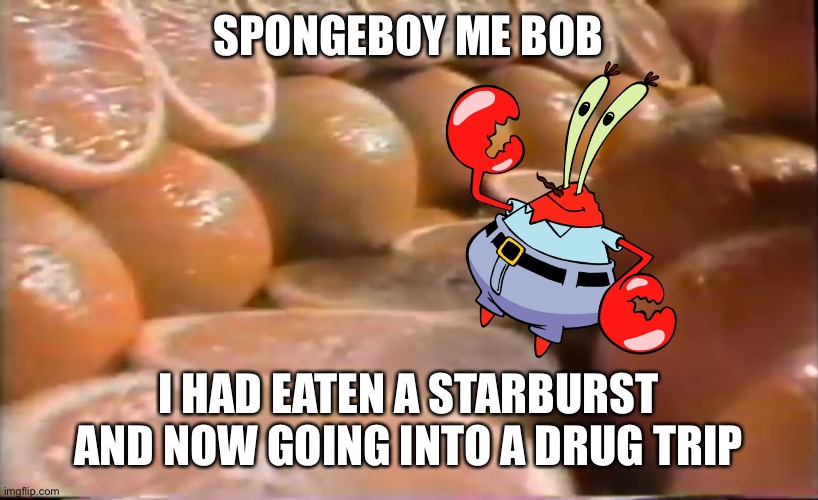 Ahoy Spongebob! | SPONGEBOY ME BOB; I HAD EATEN A STARBURST AND NOW GOING INTO A DRUG TRIP | image tagged in mr krabs,ahoy spongebob,starburst,memes | made w/ Imgflip meme maker