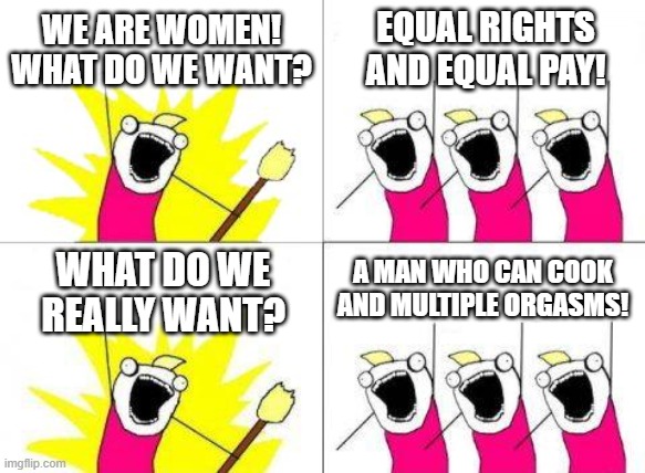 What women want | WE ARE WOMEN! WHAT DO WE WANT? EQUAL RIGHTS AND EQUAL PAY! A MAN WHO CAN COOK AND MULTIPLE ORGASMS! WHAT DO WE REALLY WANT? | image tagged in memes,what do we want | made w/ Imgflip meme maker