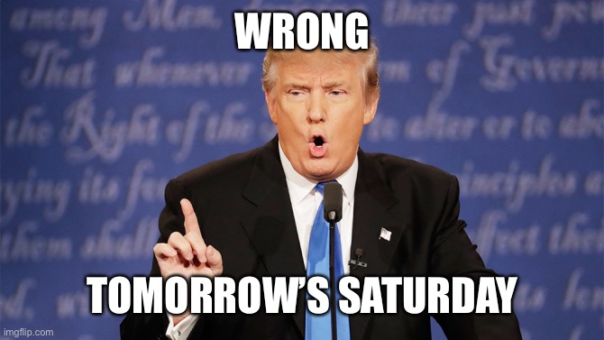 Donald Trump Wrong | WRONG TOMORROW’S SATURDAY | image tagged in donald trump wrong | made w/ Imgflip meme maker