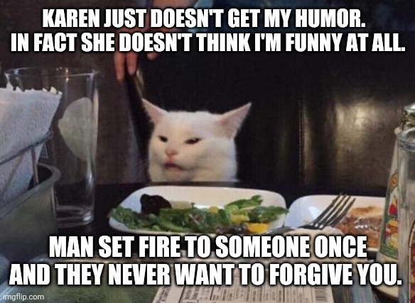 Salad cat | KAREN JUST DOESN'T GET MY HUMOR.   IN FACT SHE DOESN'T THINK I'M FUNNY AT ALL. MAN SET FIRE TO SOMEONE ONCE AND THEY NEVER WANT TO FORGIVE YOU. | image tagged in salad cat | made w/ Imgflip meme maker