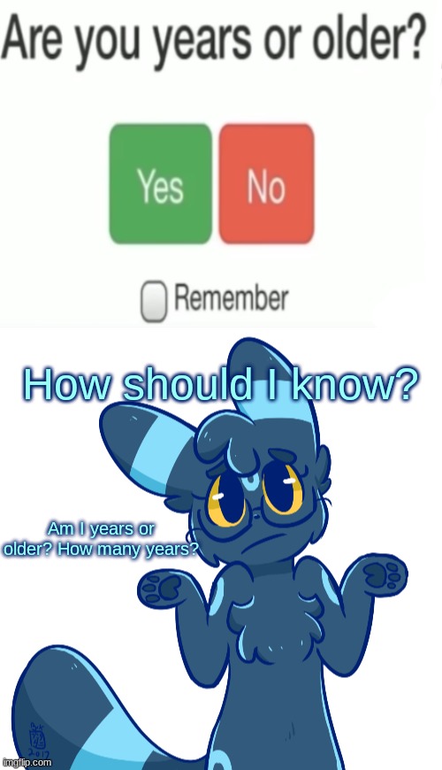 How should I know? Am I years or older? How many years? | image tagged in umbreon shrug | made w/ Imgflip meme maker