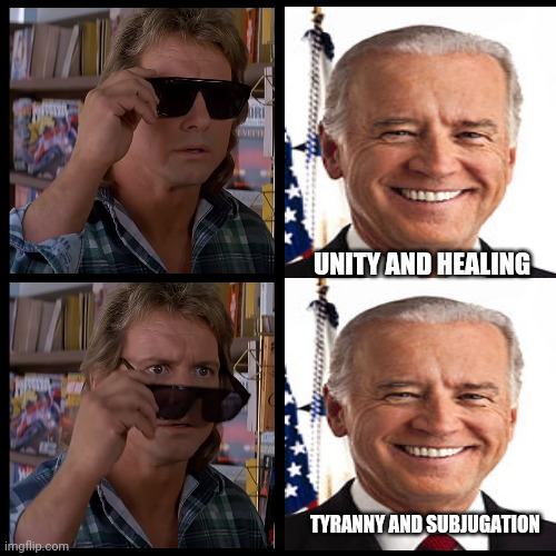 Democrat party | UNITY AND HEALING; TYRANNY AND SUBJUGATION | image tagged in actual they live sunglasses meme,democratic party | made w/ Imgflip meme maker