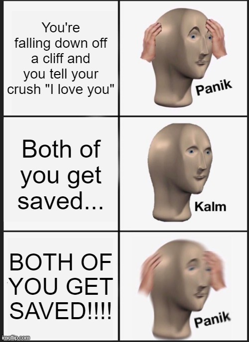 :P | You're falling down off a cliff and you tell your crush "I love you"; Both of you get saved... BOTH OF YOU GET SAVED!!!! | image tagged in memes,panik kalm panik,lol so funny,crush | made w/ Imgflip meme maker