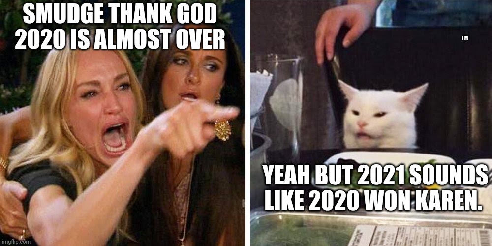2020 | SMUDGE THANK GOD 2020 IS ALMOST OVER; J M; YEAH BUT 2021 SOUNDS LIKE 2020 WON KAREN. | image tagged in smudge the cat,memes,funny,cats,animals,2020 | made w/ Imgflip meme maker