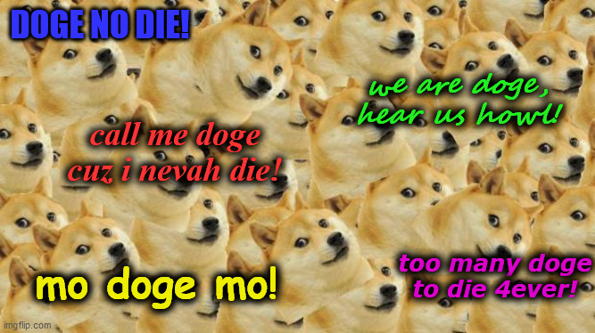 Multi Doge Meme | DOGE NO DIE! too many doge
to die 4ever! mo doge mo! call me doge cuz i nevah die! we are doge,
hear us howl! | image tagged in memes,multi doge | made w/ Imgflip meme maker