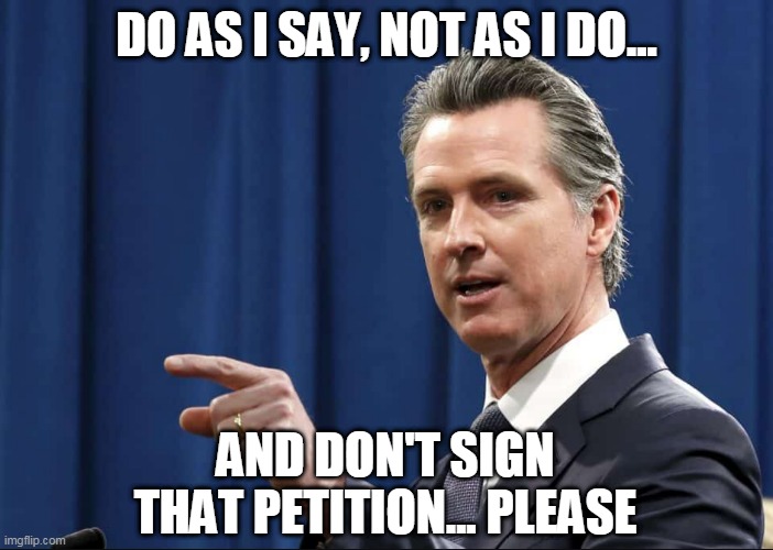Gavin Newsom Hypocrite | DO AS I SAY, NOT AS I DO... AND DON'T SIGN THAT PETITION... PLEASE | image tagged in lockdown | made w/ Imgflip meme maker