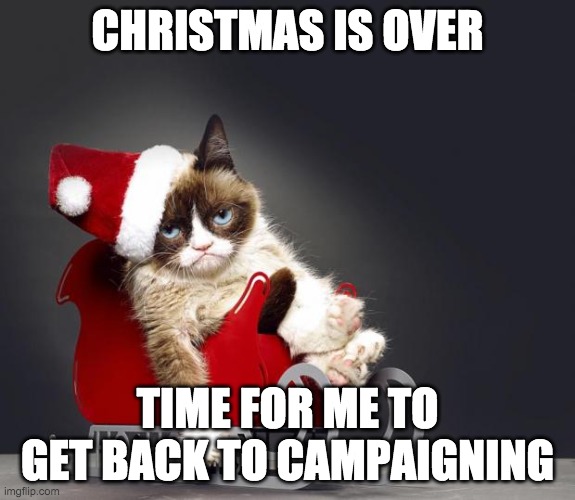 I hope everyone had a Merry Christmas! Vote me for President and GreenieMeanie for Congress! | CHRISTMAS IS OVER; TIME FOR ME TO GET BACK TO CAMPAIGNING | image tagged in memes,politics,christmas | made w/ Imgflip meme maker