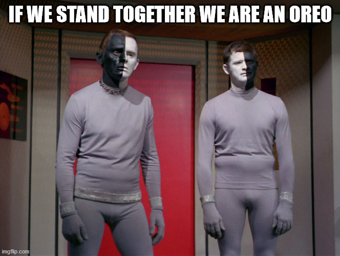 star trek black and white aliens | IF WE STAND TOGETHER WE ARE AN OREO | image tagged in star treck black and white aliens | made w/ Imgflip meme maker