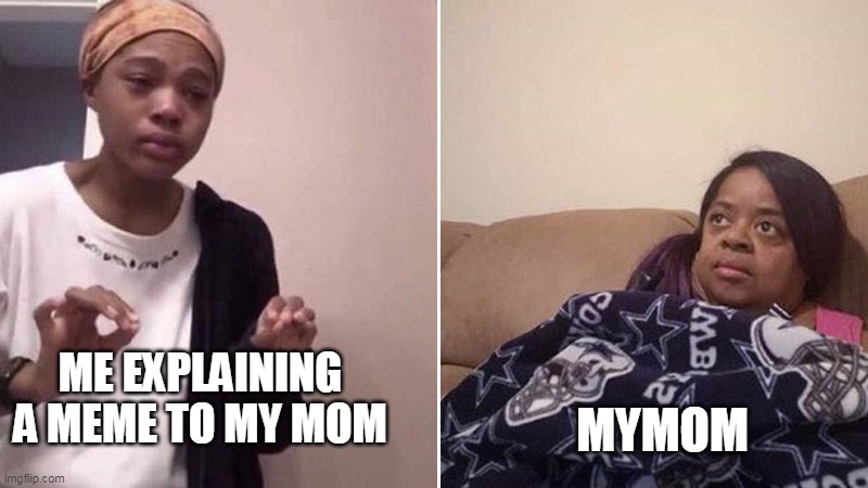Me explaining to my mom | MYMOM; ME EXPLAINING A MEME TO MY MOM | image tagged in me explaining to my mom | made w/ Imgflip meme maker