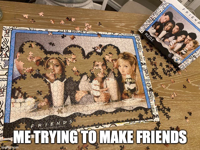 Trying to make friends | ME TRYING TO MAKE FRIENDS | image tagged in friends,puzzle | made w/ Imgflip meme maker