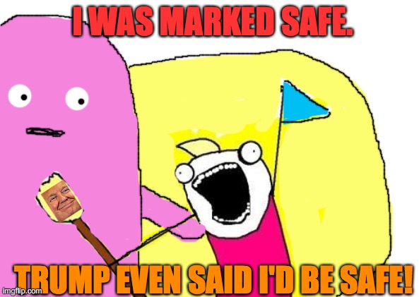 oops | I WAS MARKED SAFE. TRUMP EVEN SAID I'D BE SAFE! | image tagged in safety first,got em,dream,what,extra,party | made w/ Imgflip meme maker