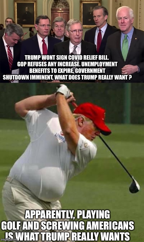 Trump golfs as our Country burns on his watch | TRUMP WONT SIGN COVID RELIEF BILL. 
GOP REFUSES ANY INCREASE. UNEMPLOYMENT BENEFITS TO EXPIRE, GOVERNMENT SHUTDOWN IMMINENT, WHAT DOES TRUMP REALLY WANT ? APPARENTLY, PLAYING GOLF AND SCREWING AMERICANS IS WHAT TRUMP REALLY WANTS | image tagged in donald trump,maga,covid19,government shutdown,trump golfing,incompetence | made w/ Imgflip meme maker