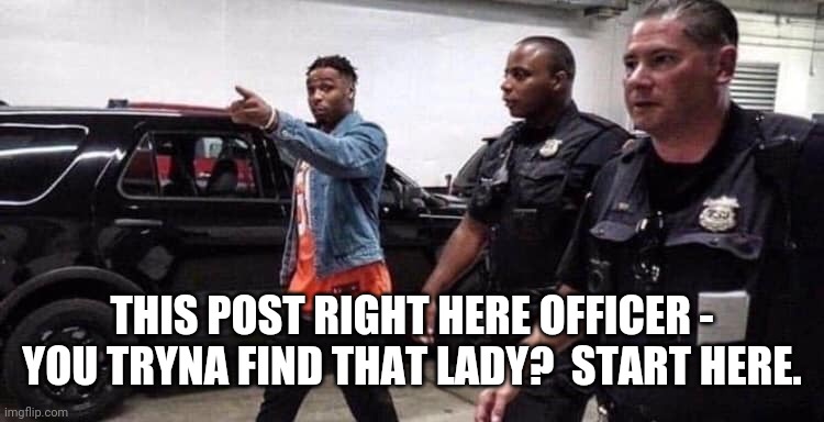 This post right here officer | THIS POST RIGHT HERE OFFICER - YOU TRYNA FIND THAT LADY?  START HERE. | image tagged in this post right here officer | made w/ Imgflip meme maker