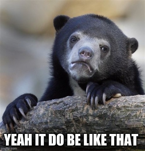 Confession Bear Meme | YEAH IT DO BE LIKE THAT | image tagged in memes,confession bear | made w/ Imgflip meme maker