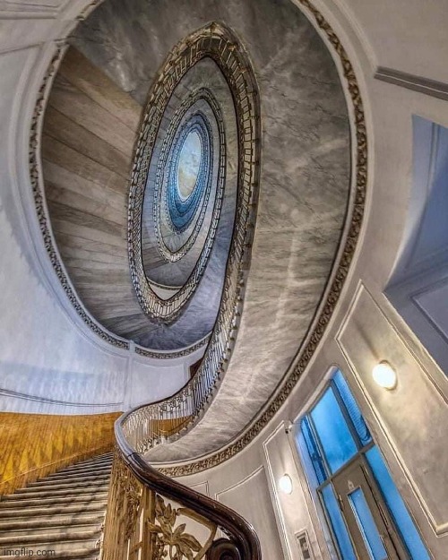 Stairway To Heaven - Naples, Palazzo Mannajuolo.  Designed by Giulio Ulisse Arata | image tagged in stairs,stairway to heaven,architecture,awesome,pic | made w/ Imgflip meme maker