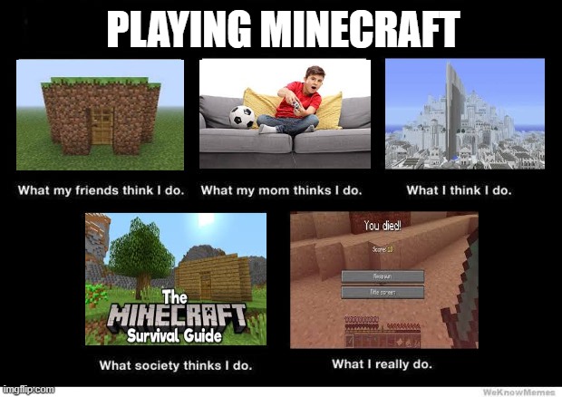 im playin mc horribly | PLAYING MINECRAFT | image tagged in what they think i do | made w/ Imgflip meme maker