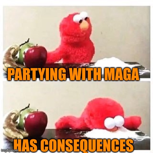 elmo cocaine | PARTYING WITH MAGA HAS CONSEQUENCES | image tagged in elmo cocaine | made w/ Imgflip meme maker