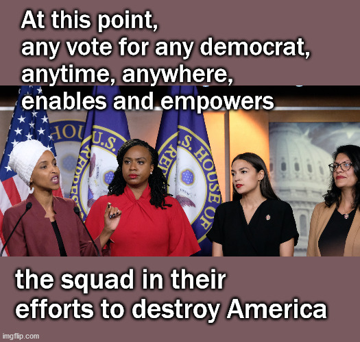 stop voting for democrats in national elections | At this point, 
any vote for any democrat, 
anytime, anywhere, 
enables and empowers; the squad in their efforts to destroy America | image tagged in politics | made w/ Imgflip meme maker