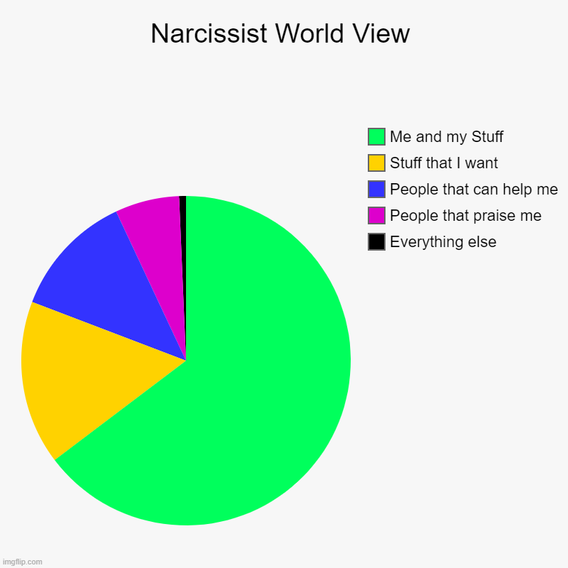 Narcissist World View | Narcissist World View | Everything else, People that praise me, People that can help me, Stuff that I want, Me and my Stuff | image tagged in charts,pie charts | made w/ Imgflip chart maker