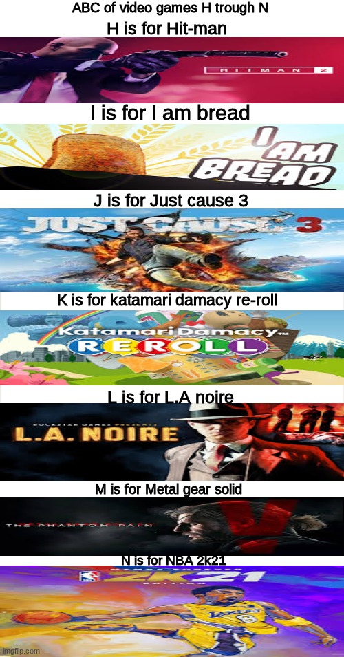 I will problably do o through t | ABC of video games H trough N; H is for Hit-man; I is for I am bread; J is for Just cause 3; K is for katamari damacy re-roll; L is for L.A noire; M is for Metal gear solid; N is for NBA 2k21 | image tagged in nba,hitman | made w/ Imgflip meme maker